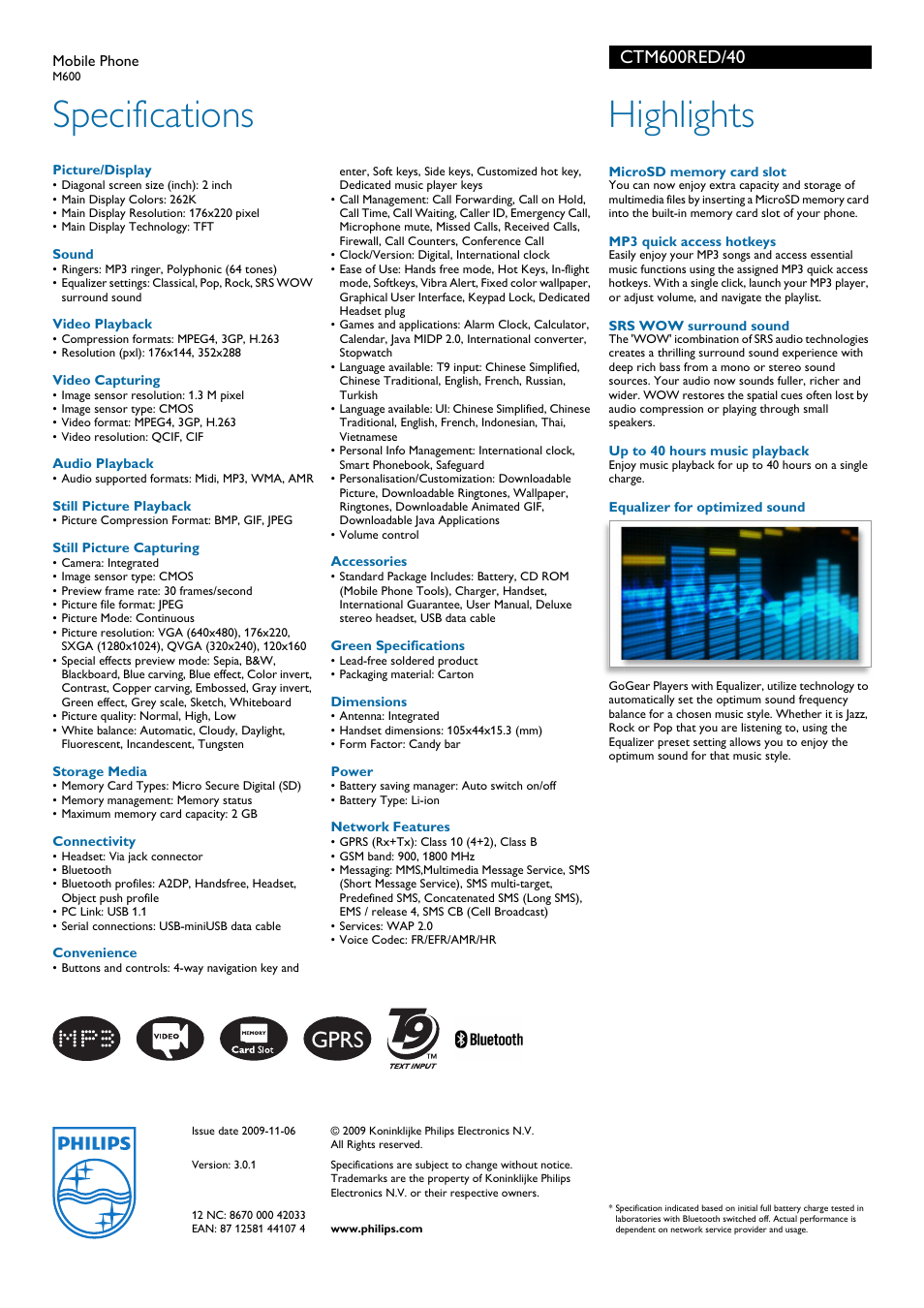Specifications, Highlights, Gprs | Philips CTM600RED User Manual | Page 2 / 2