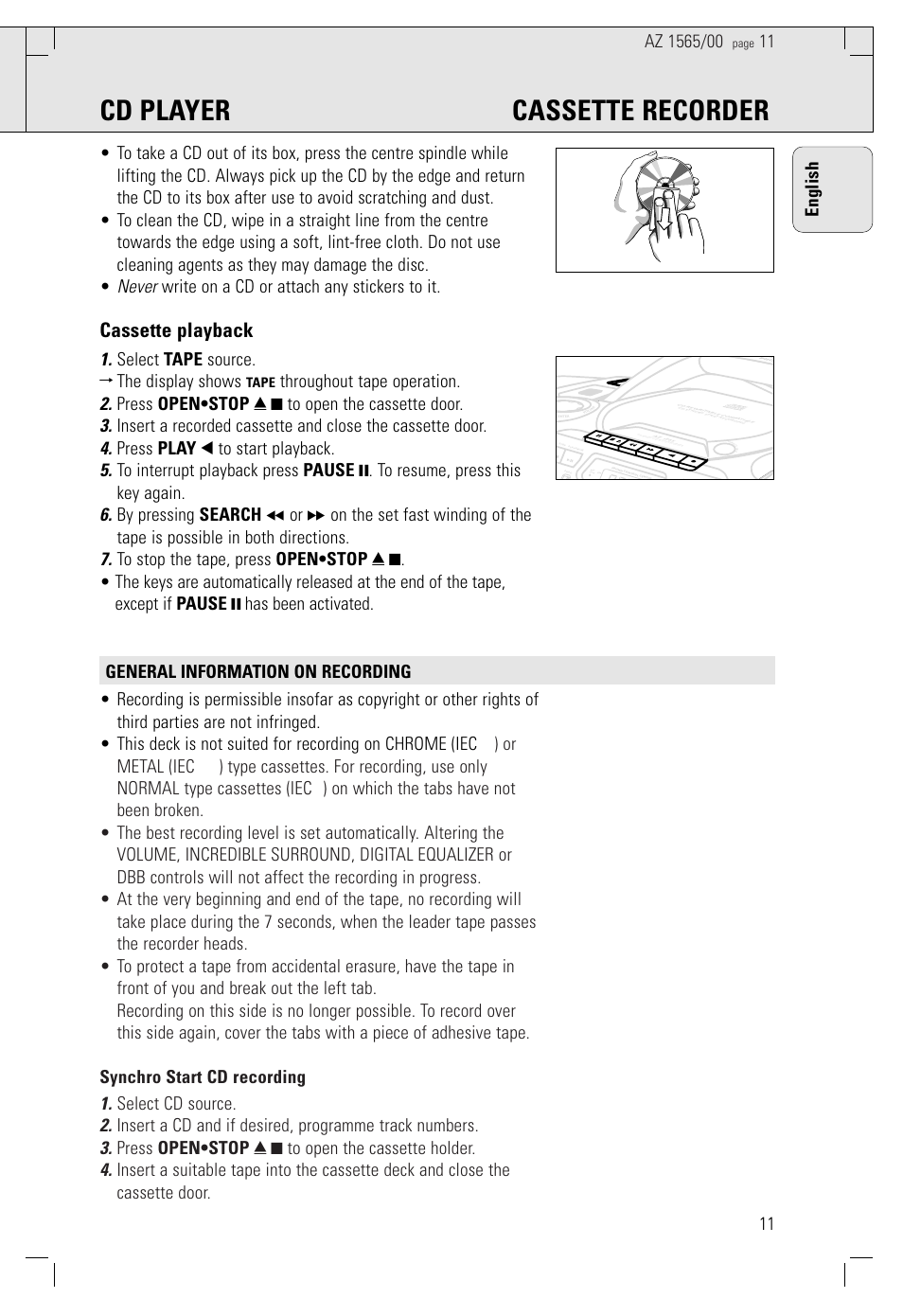 Cd player cassette recorder, Cassette playback, Select tape source. ™ the display shows | Philips AZ 1565/00 User Manual | Page 11 / 63