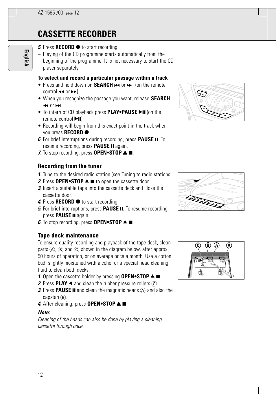 Cassette recorder, Recording from the tuner, Tape deck maintenance | Ab c | Philips AZ 1565/00 User Manual | Page 12 / 63