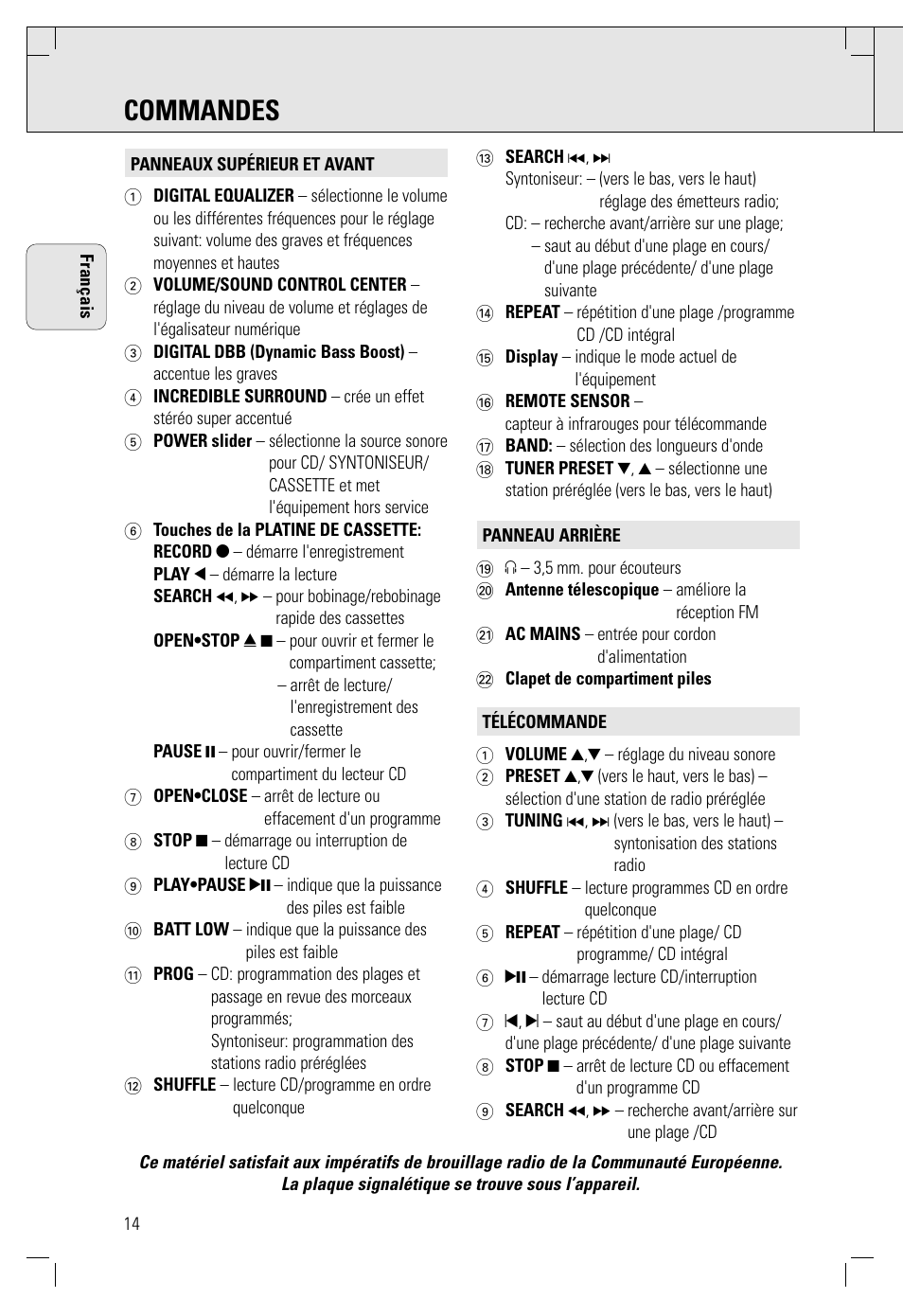 Commandes | Philips AZ 1565/00 User Manual | Page 14 / 63