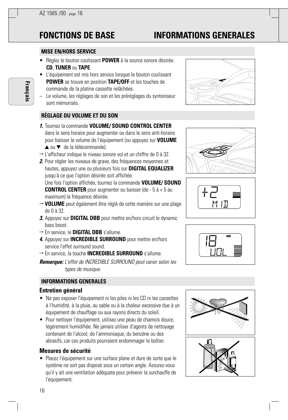 Fonctions de base informations generales, Entretien général, Mesures de sécurité | Philips AZ 1565/00 User Manual | Page 16 / 63