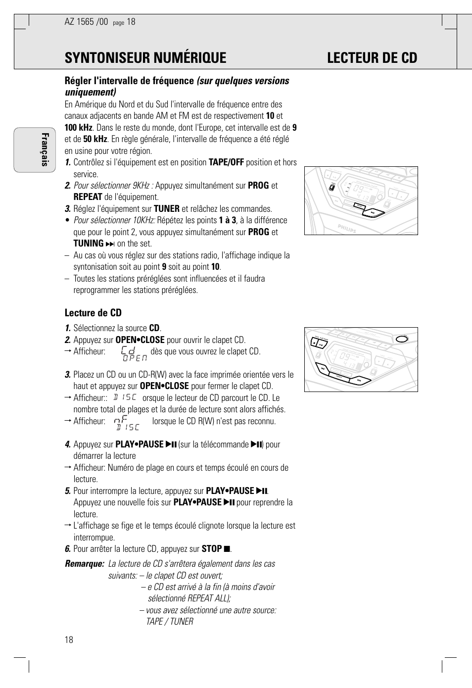 Syntoniseur numérique lecteur de cd, Lecture de cd, 18 français | Philips AZ 1565/00 User Manual | Page 18 / 63