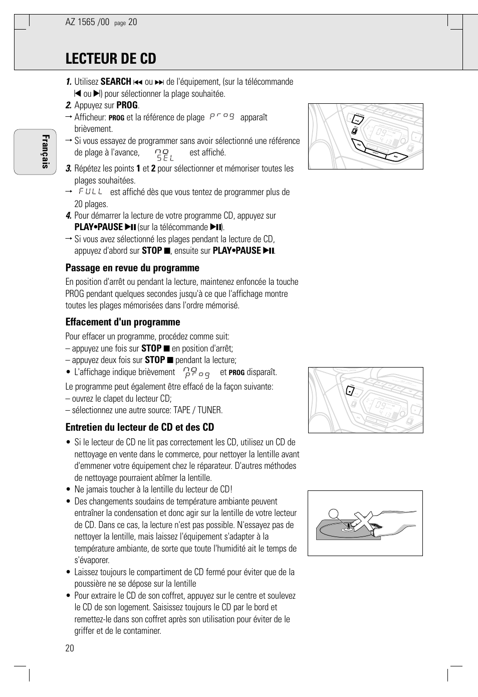 Lecteur de cd, Passage en revue du programme, Effacement d'un programme | Entretien du lecteur de cd et des cd, Prog | Philips AZ 1565/00 User Manual | Page 20 / 63