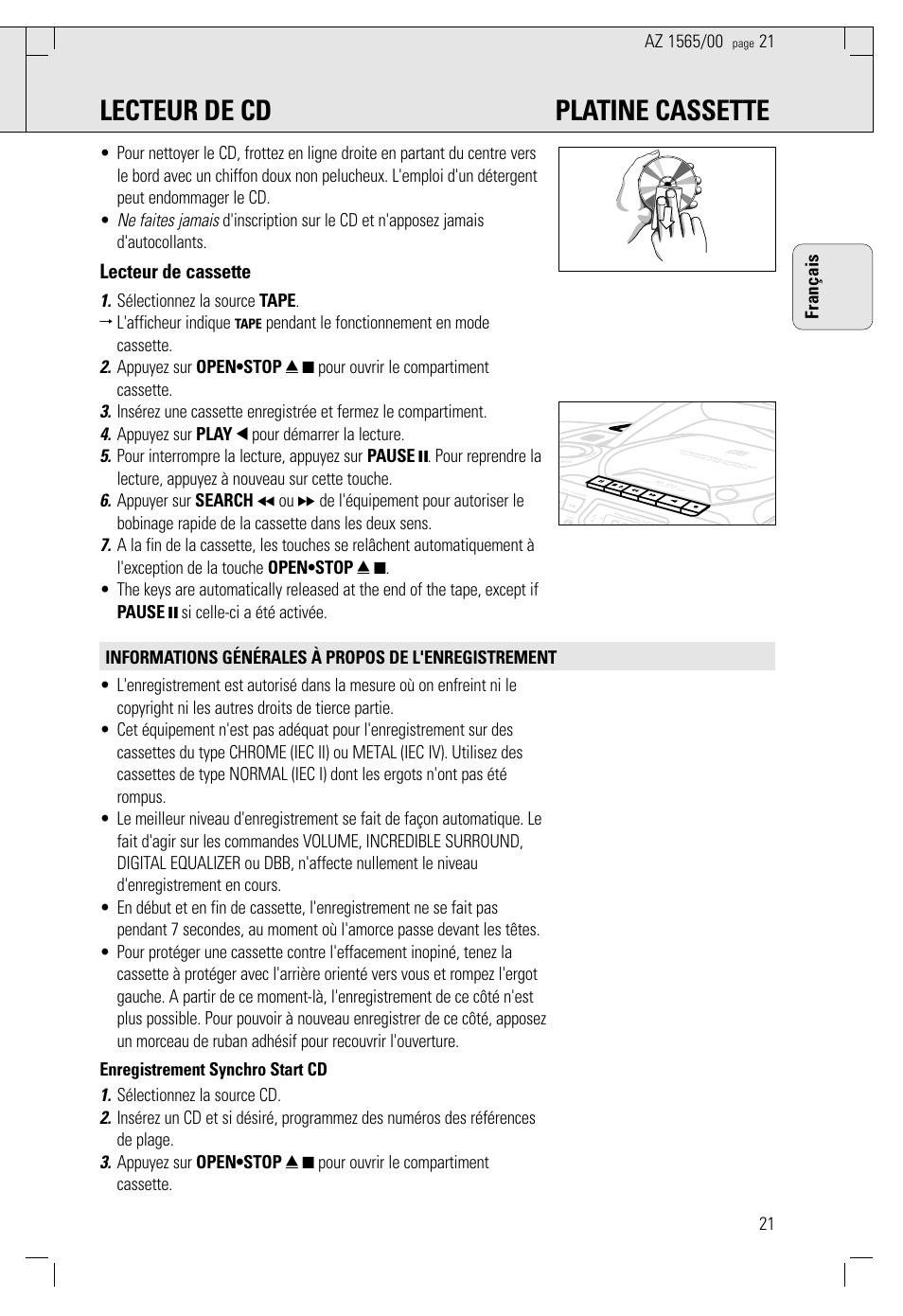 Lecteur de cd platine cassette, Lecteur de cassette | Philips AZ 1565/00 User Manual | Page 21 / 63