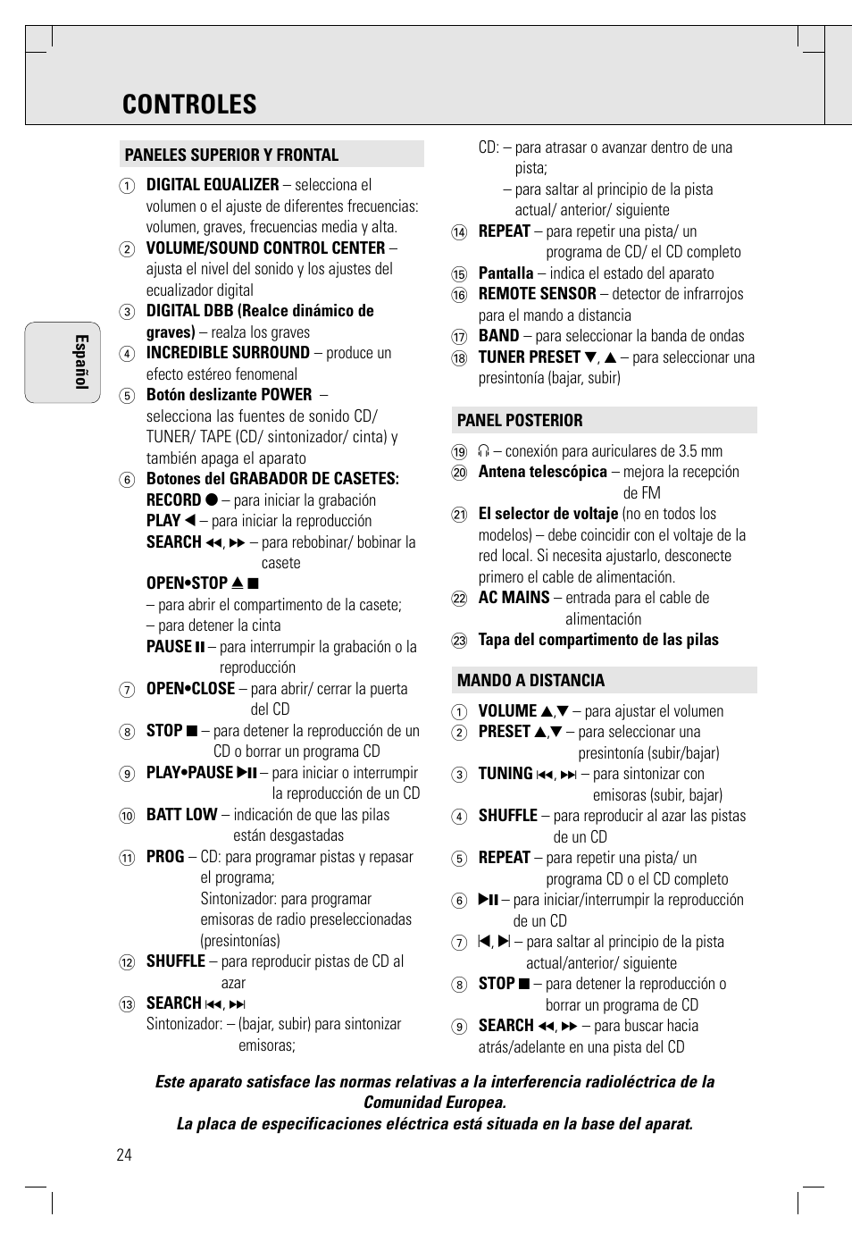 Controles | Philips AZ 1565/00 User Manual | Page 24 / 63