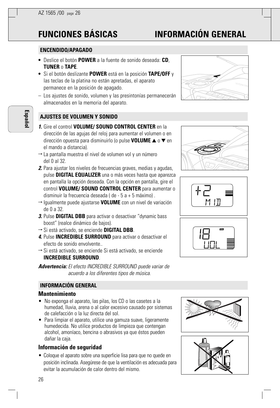 Funciones básicas información general, Mantenimiento, Información de seguridad | Philips AZ 1565/00 User Manual | Page 26 / 63