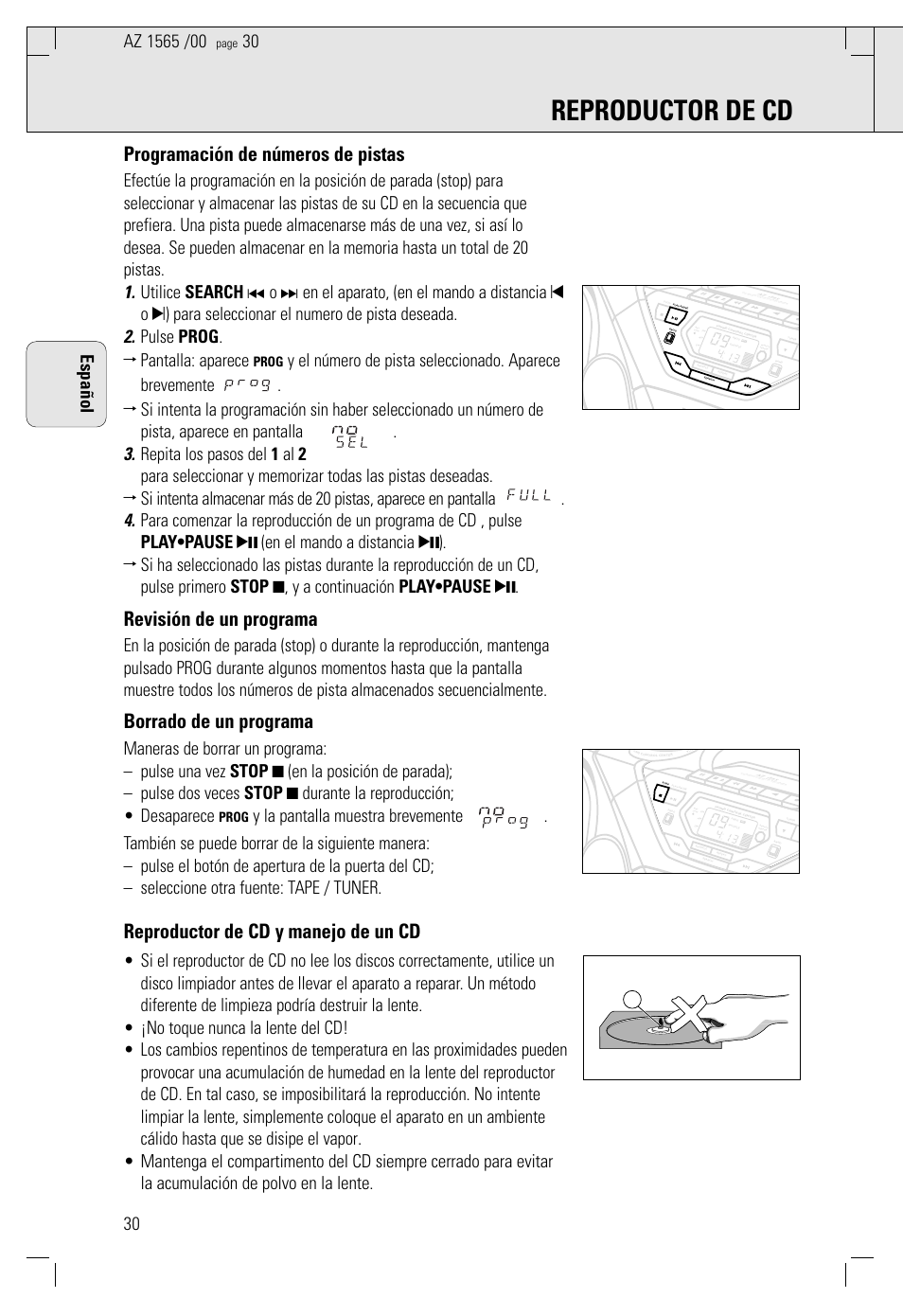 Reproductor de cd, Programación de números de pistas, Revisión de un programa | Borrado de un programa, Reproductor de cd y manejo de un cd, 30 español, Prog | Philips AZ 1565/00 User Manual | Page 30 / 63