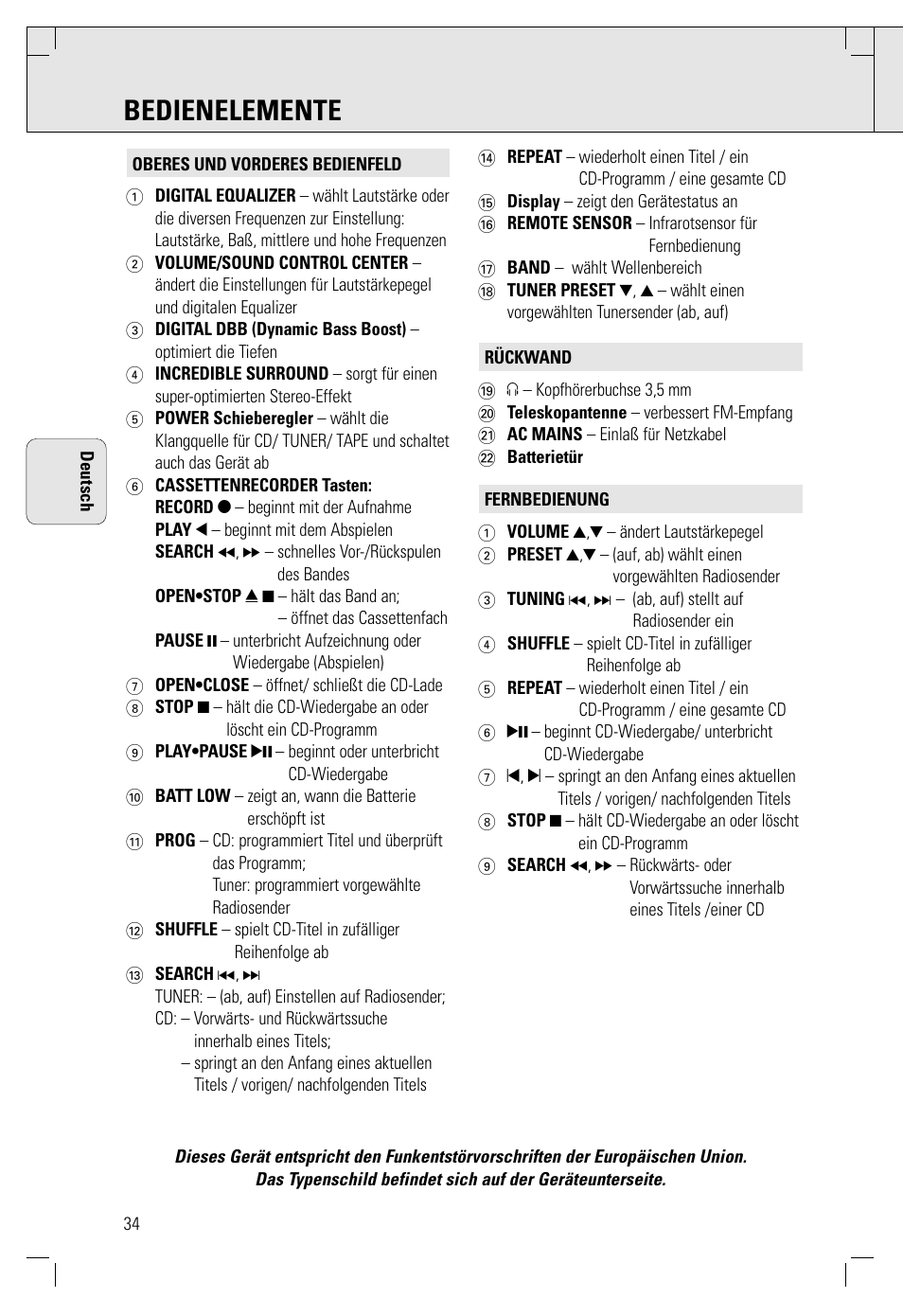 Bedienelemente | Philips AZ 1565/00 User Manual | Page 34 / 63