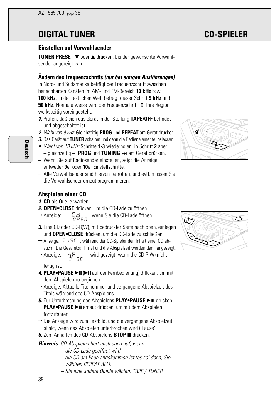 Digital tuner cd-spieler, Einstellen auf vorwahlsender, Abspielen einer cd | 38 deutsch | Philips AZ 1565/00 User Manual | Page 38 / 63