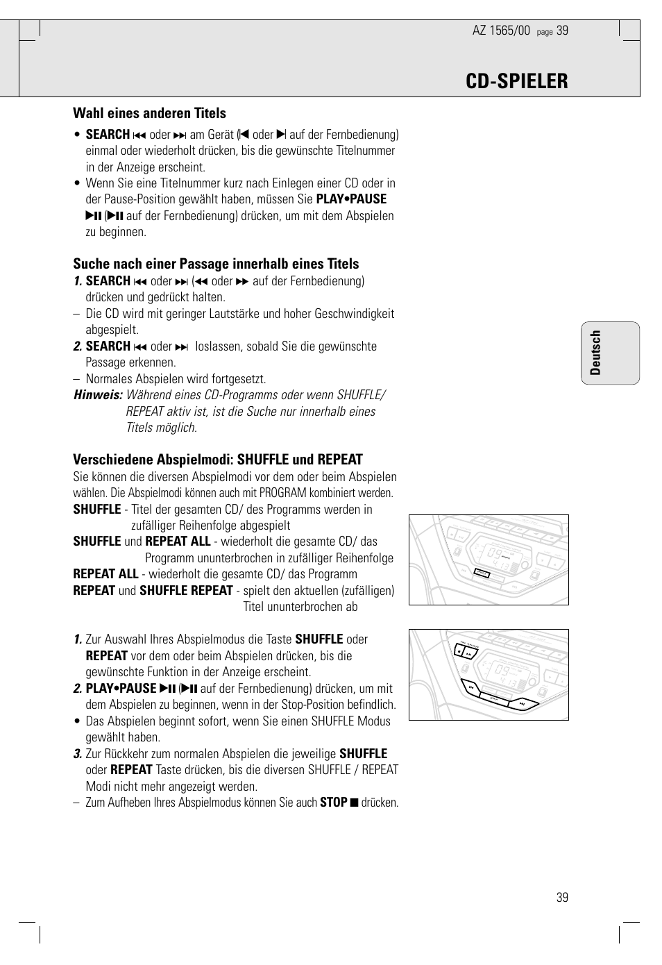 Cd-spieler, Wahl eines anderen titels, Suche nach einer passage innerhalb eines titels | Verschiedene abspielmodi: shuffle und repeat, 39 deutsch | Philips AZ 1565/00 User Manual | Page 39 / 63