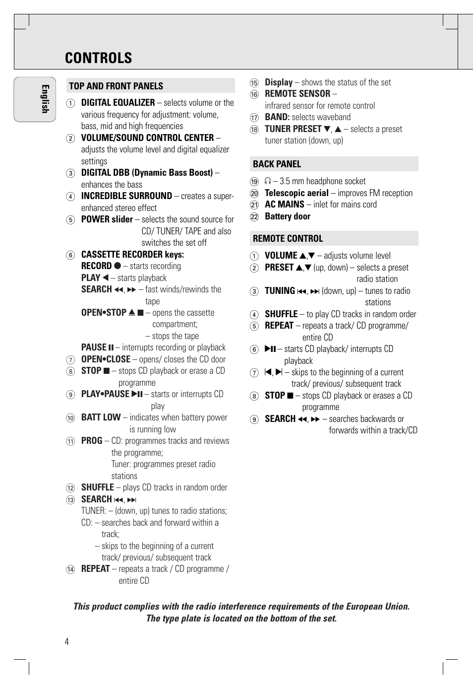 Controls | Philips AZ 1565/00 User Manual | Page 4 / 63