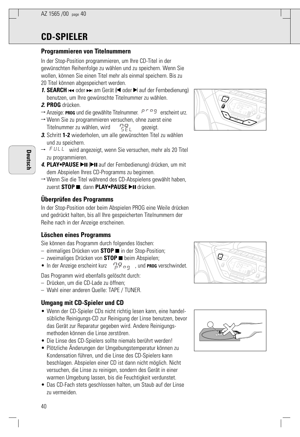 Cd-spieler, Programmieren von titelnummern, Überprüfen des programms | Löschen eines programms, Umgang mit cd-spieler und cd, 40 deutsch, Prog | Philips AZ 1565/00 User Manual | Page 40 / 63