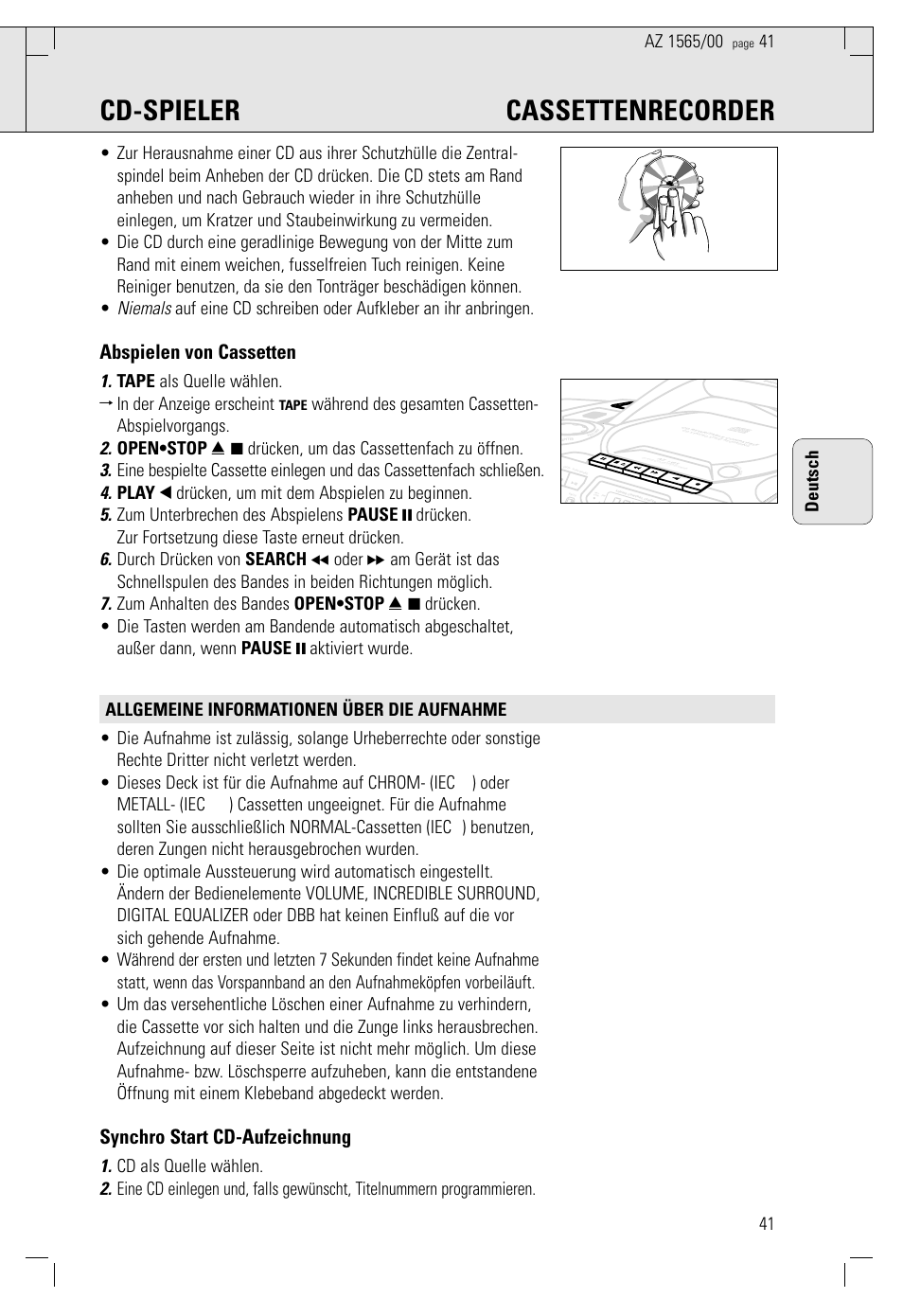 Cd-spieler cassettenrecorder, Abspielen von cassetten, Synchro start cd-aufzeichnung | Tape als quelle wählen. ™ in der anzeige erscheint | Philips AZ 1565/00 User Manual | Page 41 / 63