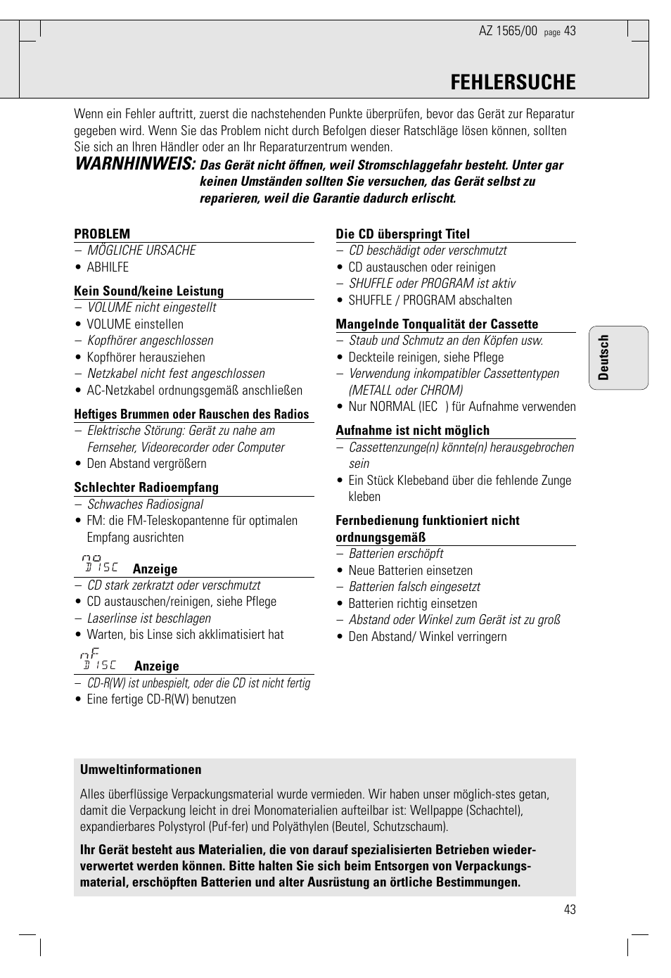 Fehlersuche, Warnhinweis | Philips AZ 1565/00 User Manual | Page 43 / 63