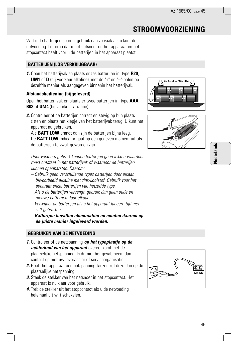 Stroomvoorziening | Philips AZ 1565/00 User Manual | Page 45 / 63