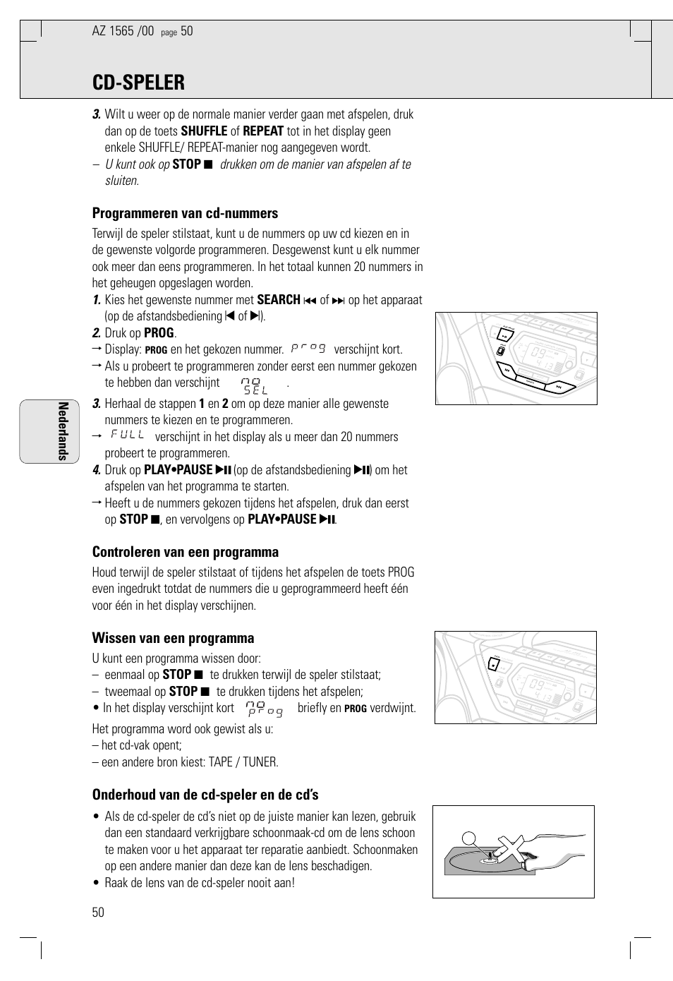 Cd-speler, Programmeren van cd-nummers, Controleren van een programma | Wissen van een programma, Onderhoud van de cd-speler en de cd’s, Nederlands, Prog | Philips AZ 1565/00 User Manual | Page 50 / 63