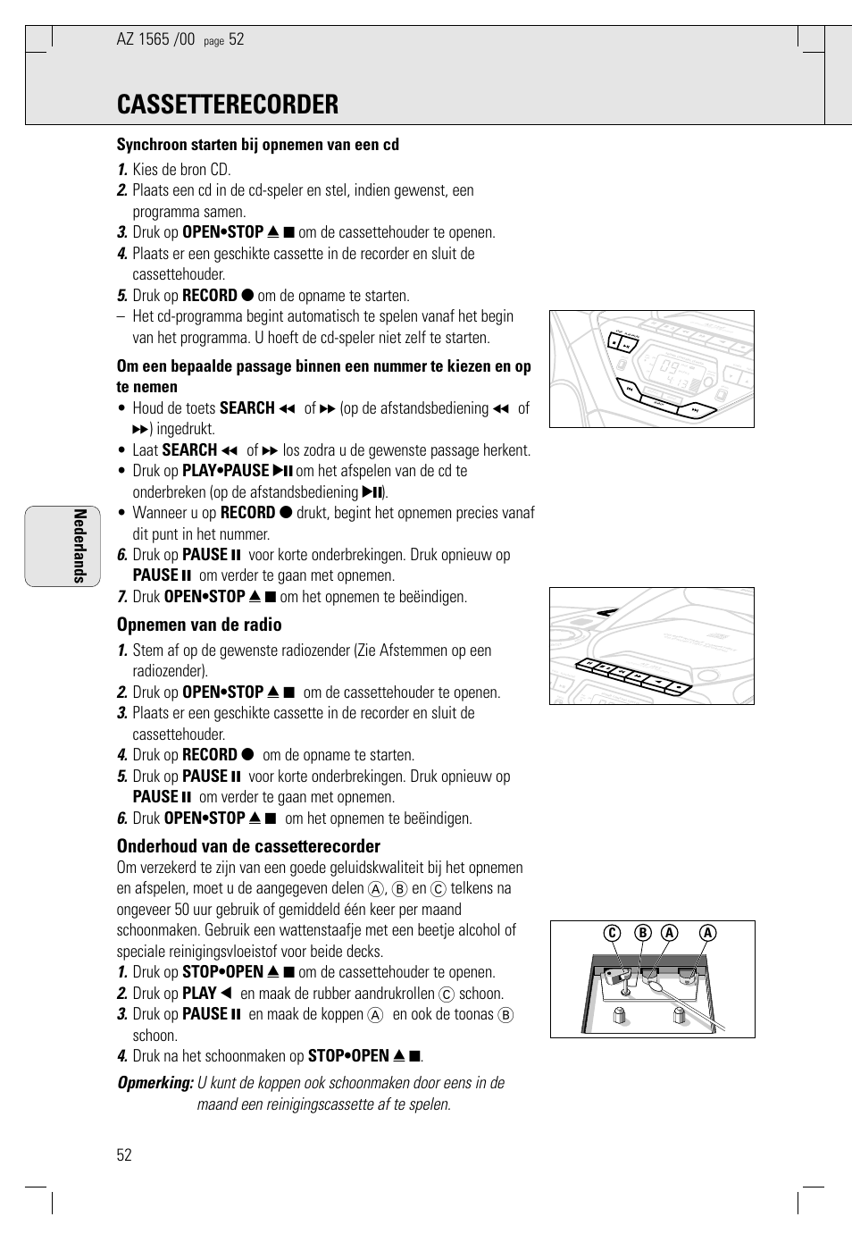 Cassetterecorder, Opnemen van de radio, Onderhoud van de cassetterecorder | Nederlands | Philips AZ 1565/00 User Manual | Page 52 / 63