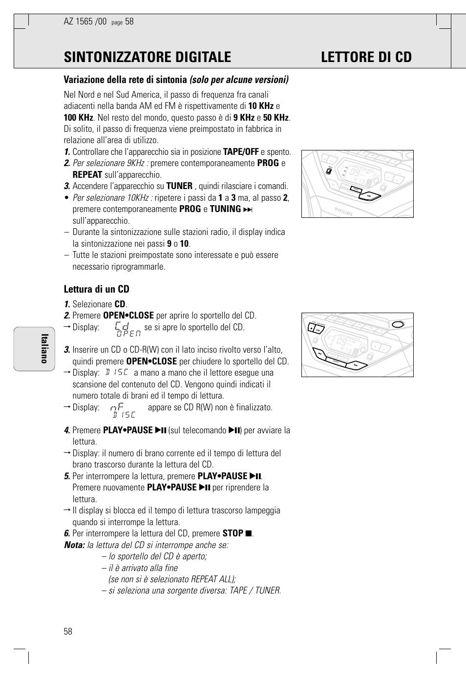 Sintonizzatore digitale lettore di cd, Lettura di un cd | Philips AZ 1565/00 User Manual | Page 58 / 63