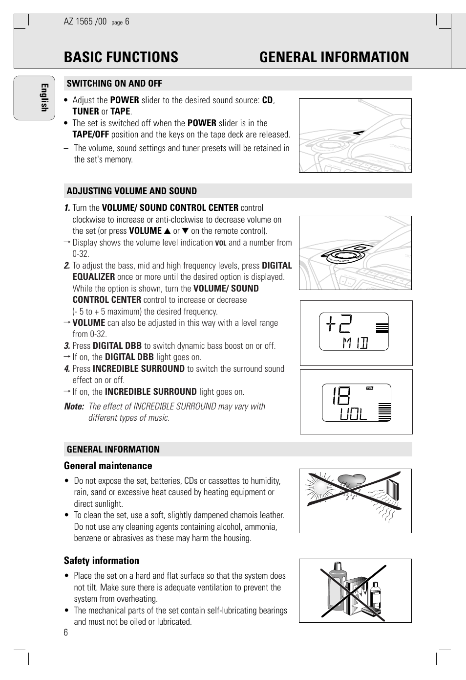 Basic functions general information, General maintenance, Safety information | Philips AZ 1565/00 User Manual | Page 6 / 63