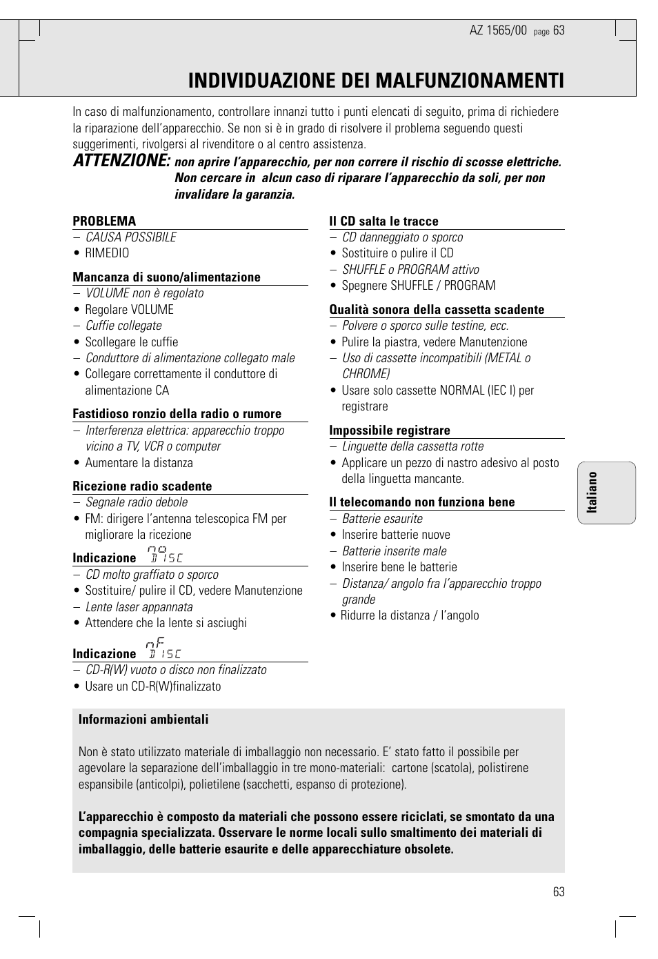 Individuazione dei malfunzionamenti, Attenzione | Philips AZ 1565/00 User Manual | Page 63 / 63