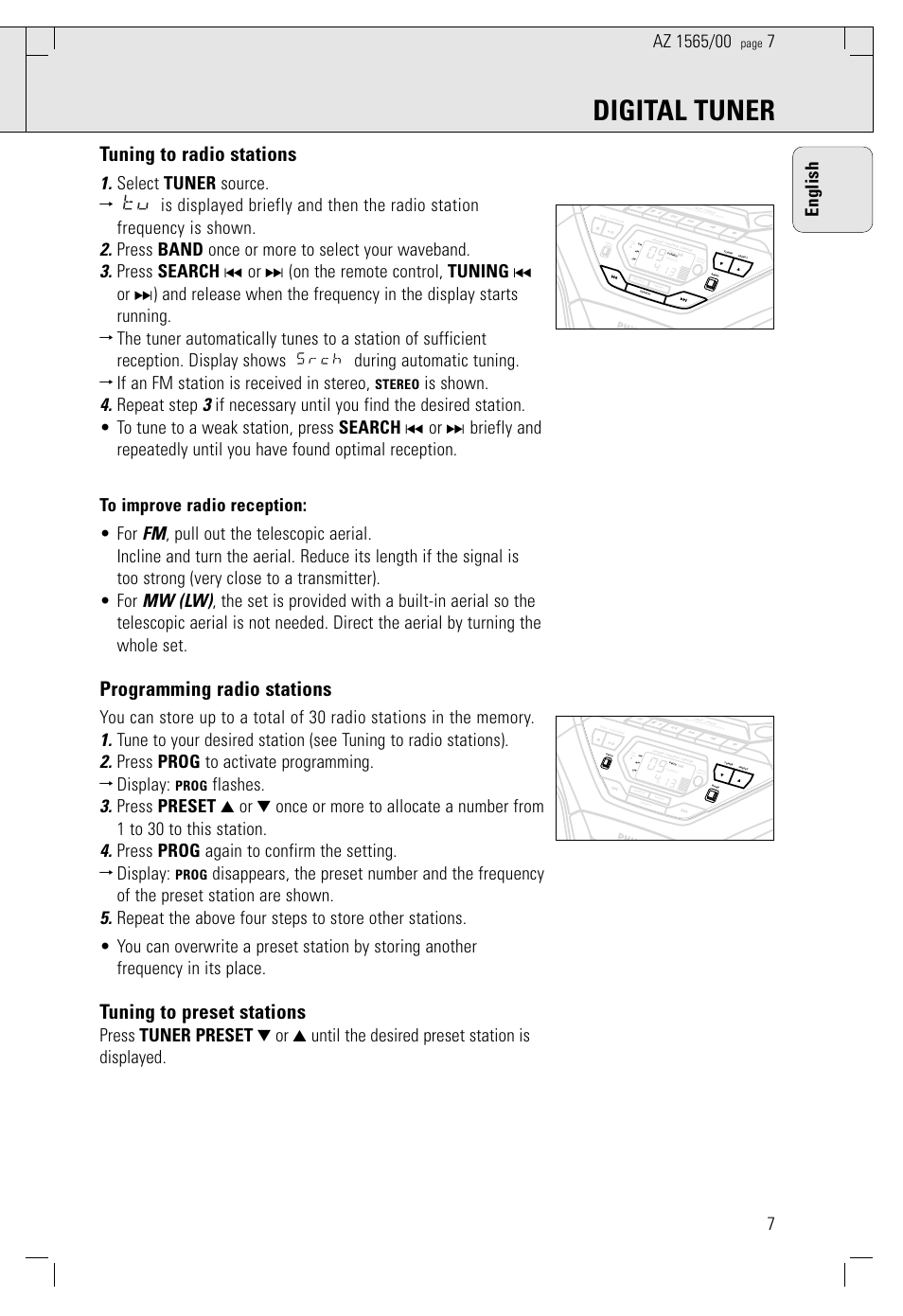 Digital tuner, Tuning to radio stations, Programming radio stations | Tuning to preset stations, 7english, Stereo, Prog | Philips AZ 1565/00 User Manual | Page 7 / 63