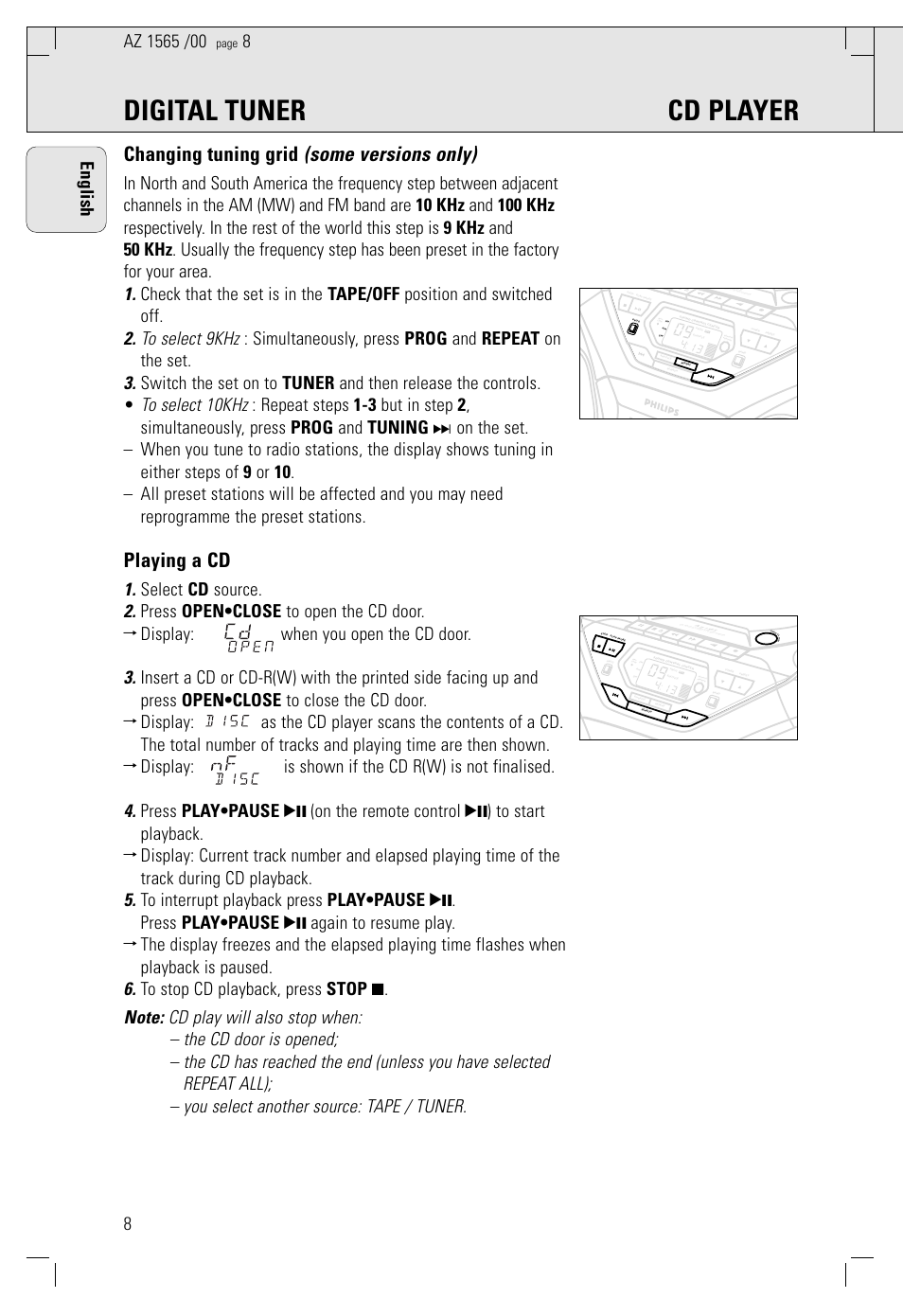 Digital tuner cd player, Changing tuning grid (some versions only), Playing a cd | 8english | Philips AZ 1565/00 User Manual | Page 8 / 63