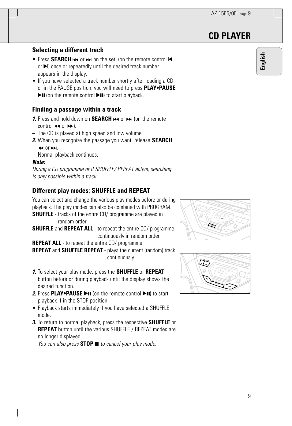 Cd player, Selecting a different track, Finding a passage within a track | Different play modes: shuffle and repeat, 9english | Philips AZ 1565/00 User Manual | Page 9 / 63