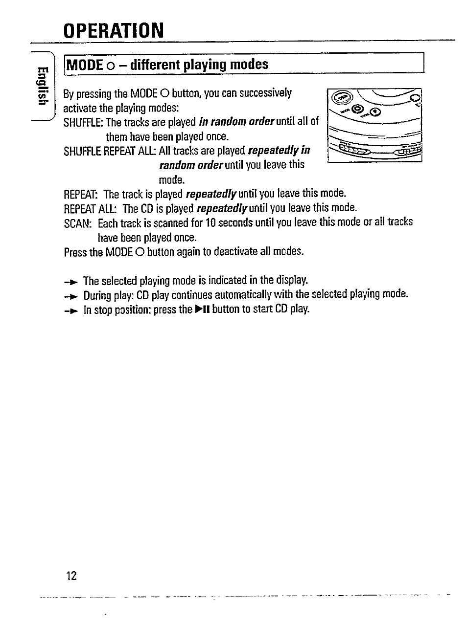 Operation, Modeo- different playing modes | Philips AZ 7482/00 User Manual | Page 12 / 20