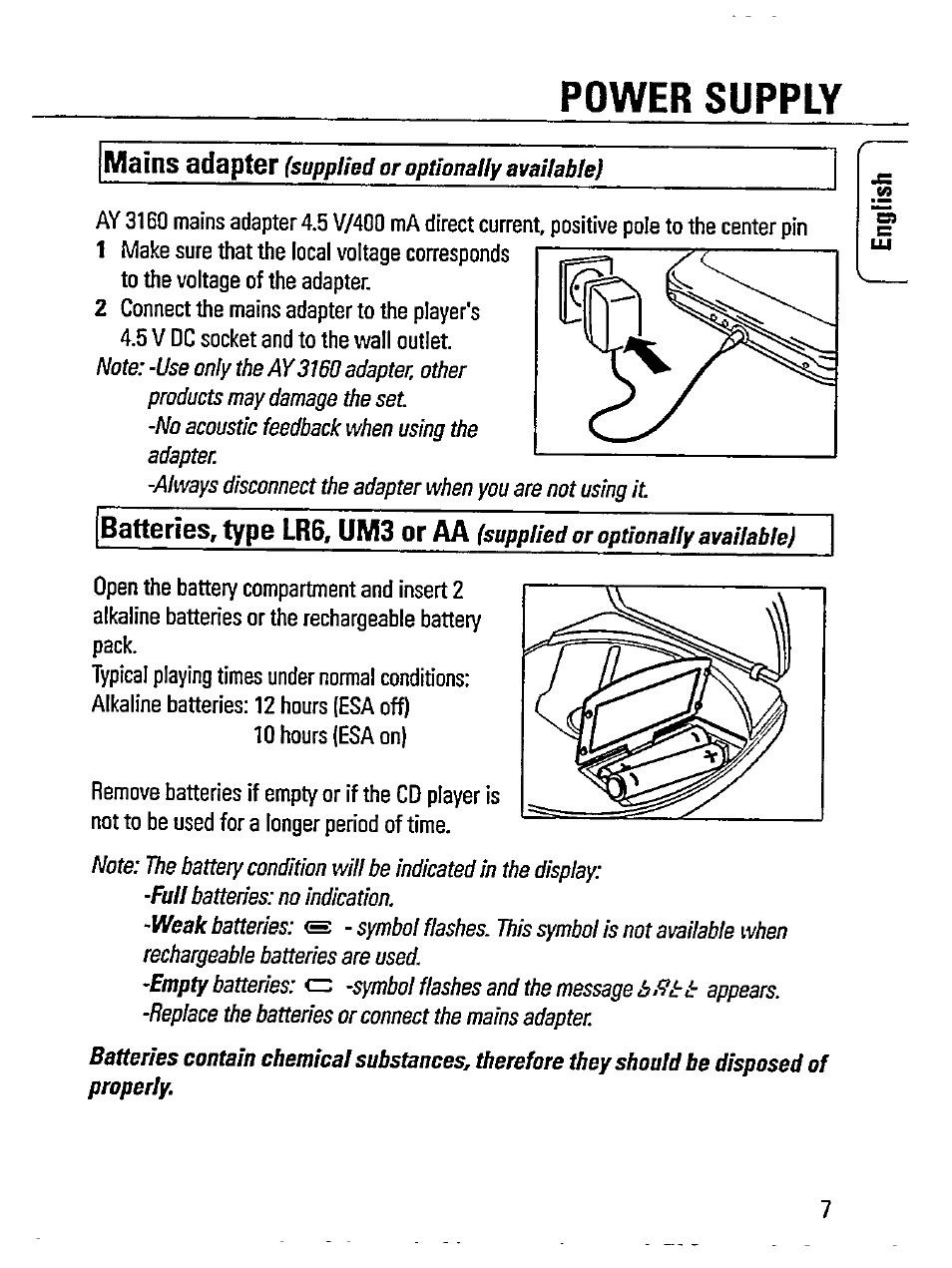 Power supply, Supplied or optionally available), Full | Weak, Empty | Philips AZ 7482/00 User Manual | Page 7 / 20