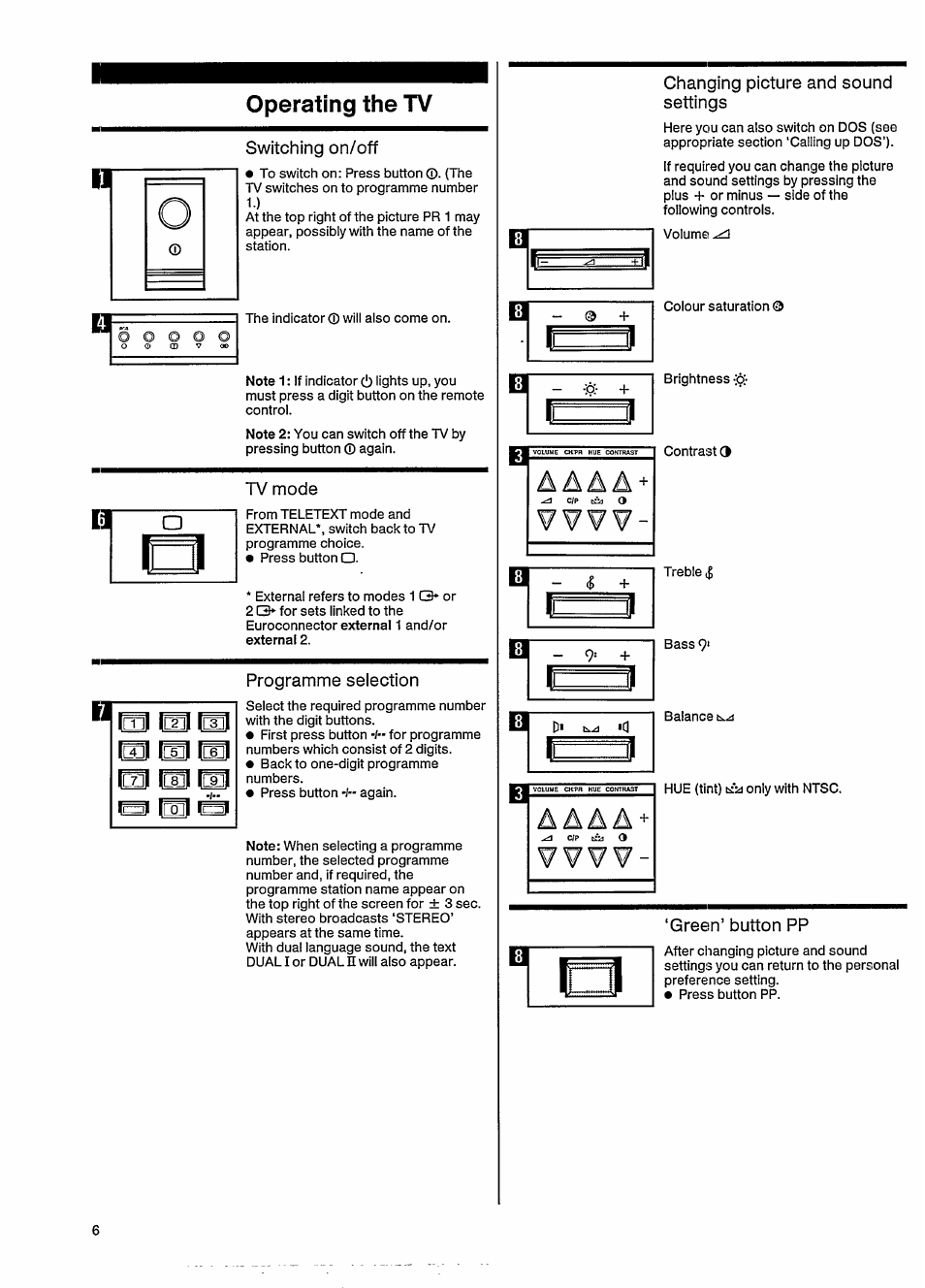 Operating the tv, Switching on/off, Tv mode | Programme selection, Changing picture and sound settings, Green’ button pp | Philips 46CE8761 User Manual | Page 10 / 25