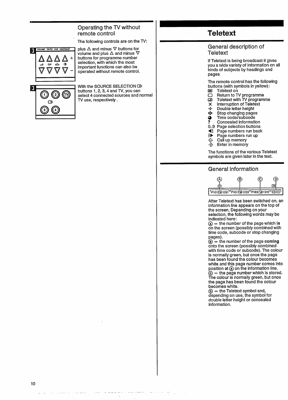 Operating the tv without remote controi, Teletext, General description of teletext | General information | Philips 46CE8761 User Manual | Page 14 / 25