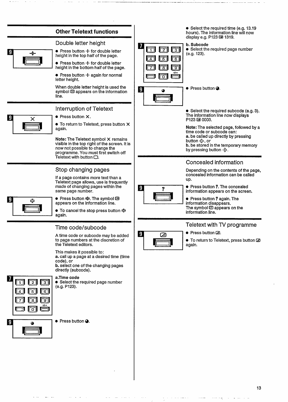 Double letter height, Interruption of teletext, Time code/subcode | Concealed information, Teietext with tv programme | Philips 46CE8761 User Manual | Page 17 / 25