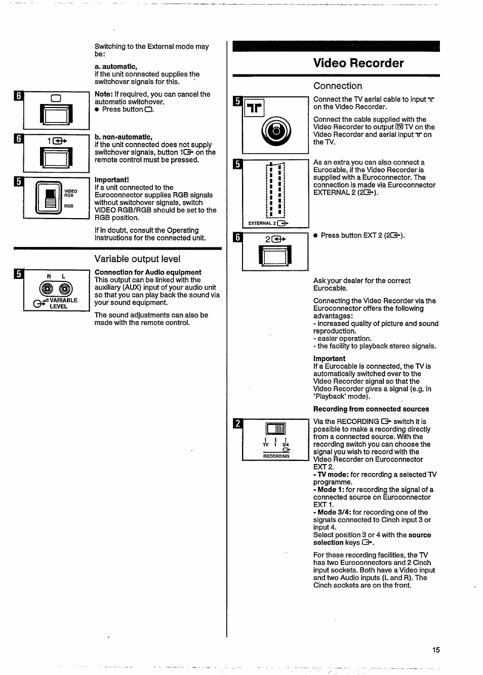 Variable output level, Video recorder, Connection | Philips 46CE8761 User Manual | Page 19 / 25