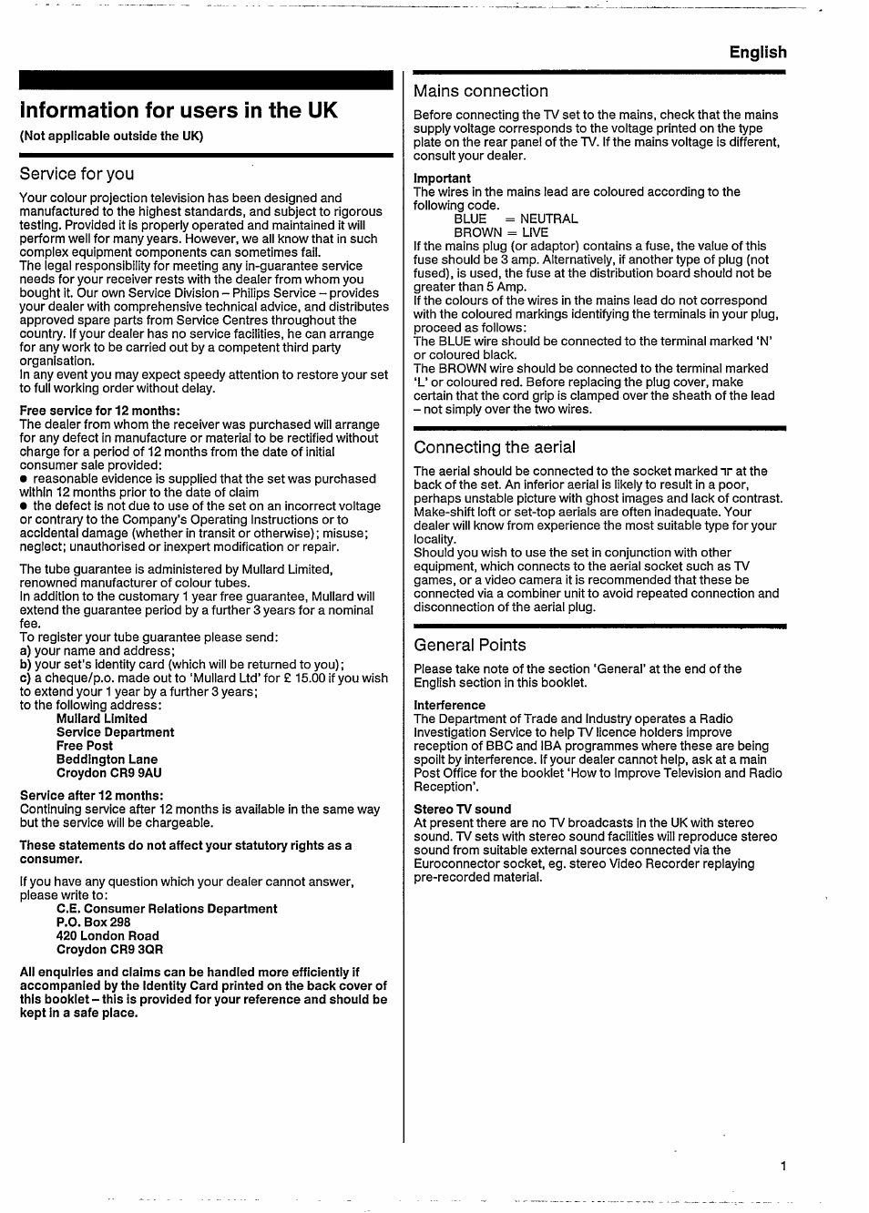 Information for users in the uk, Service for you, Mains connection | Connecting the aerial, General points | Philips 46CE8761 User Manual | Page 5 / 25
