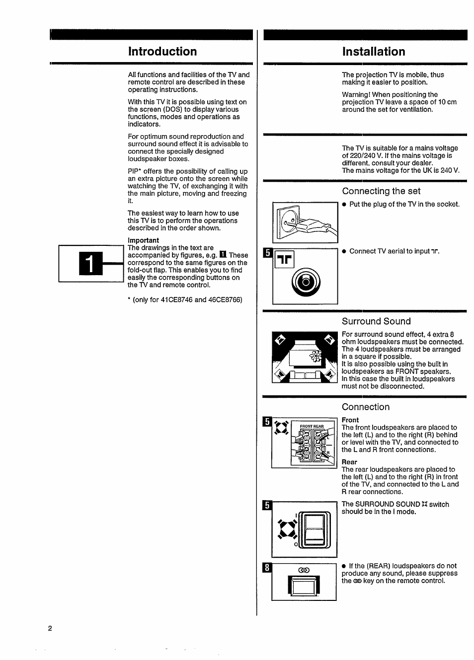 Introduction, Connecting the set, Surround sound | Connection, Installation | Philips 46CE8761 User Manual | Page 6 / 25