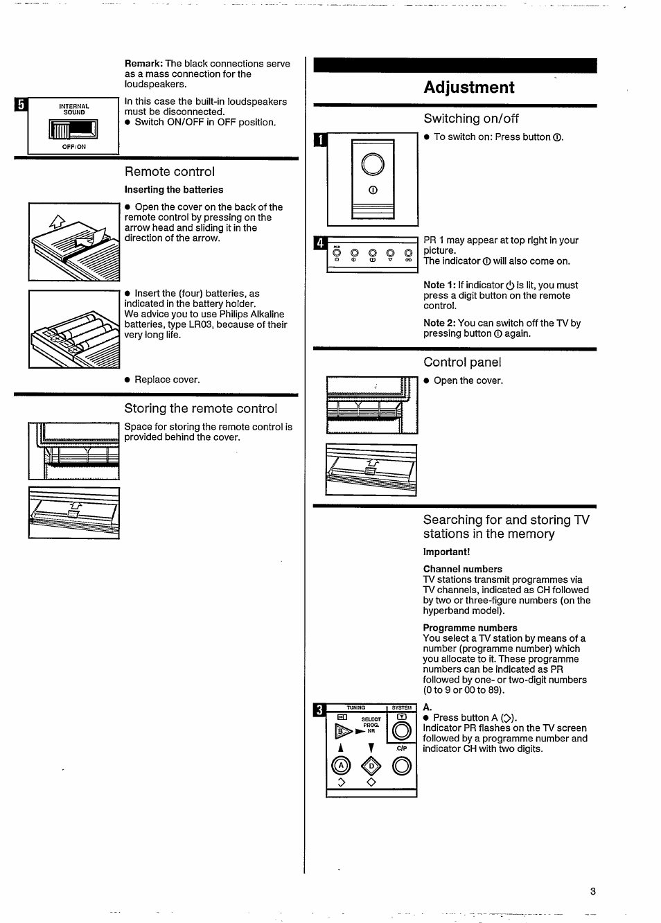 Remote control, Storing the remote control, Adjustment | Switching on/off, Control panel | Philips 46CE8761 User Manual | Page 7 / 25