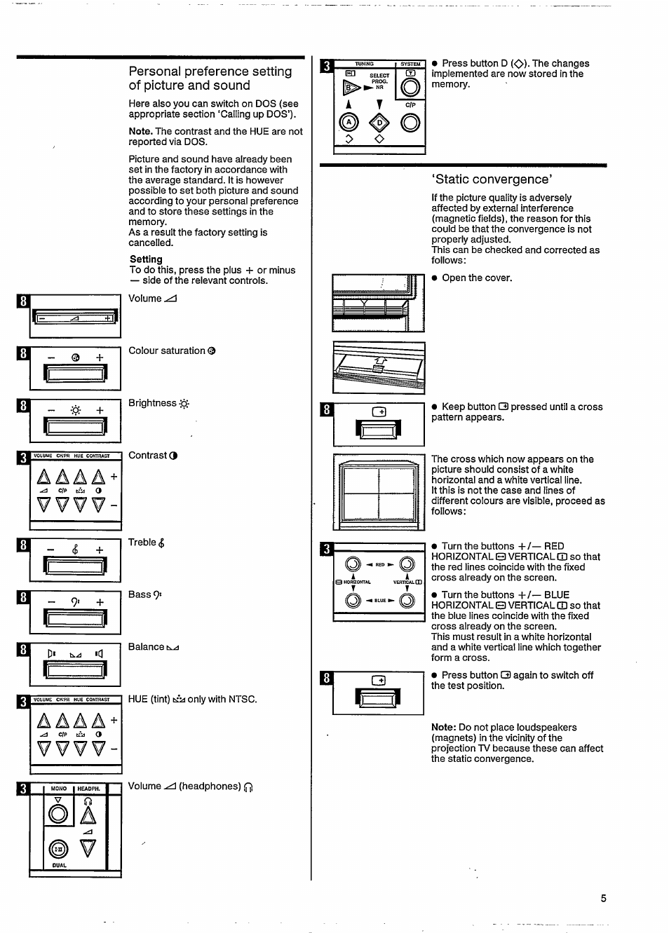 Personal preference setting of picture and sound, Static convergence | Philips 46CE8761 User Manual | Page 9 / 25