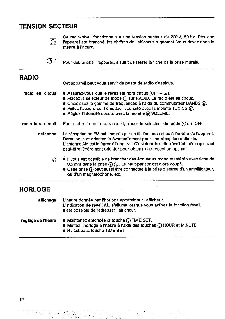 Tension secteur, Radio, Horloge | Philips AJ 3800 User Manual | Page 5 / 16