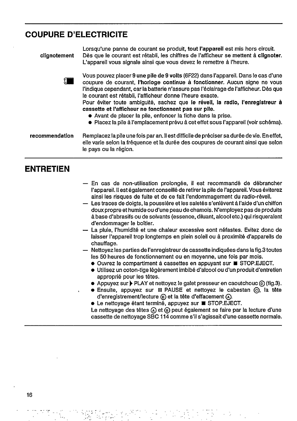 Coupure d’electricite, Entretien | Philips AJ 3800 User Manual | Page 9 / 16