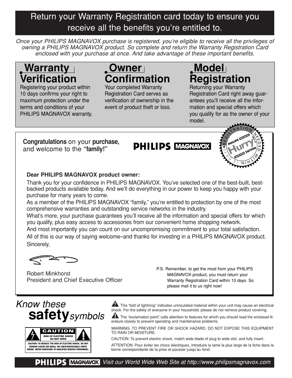 Safety, Warranty verification, Owner confirmation | Model registration, Hurry, Know these, Symbols | Philips TP2784C1 User Manual | Page 2 / 52