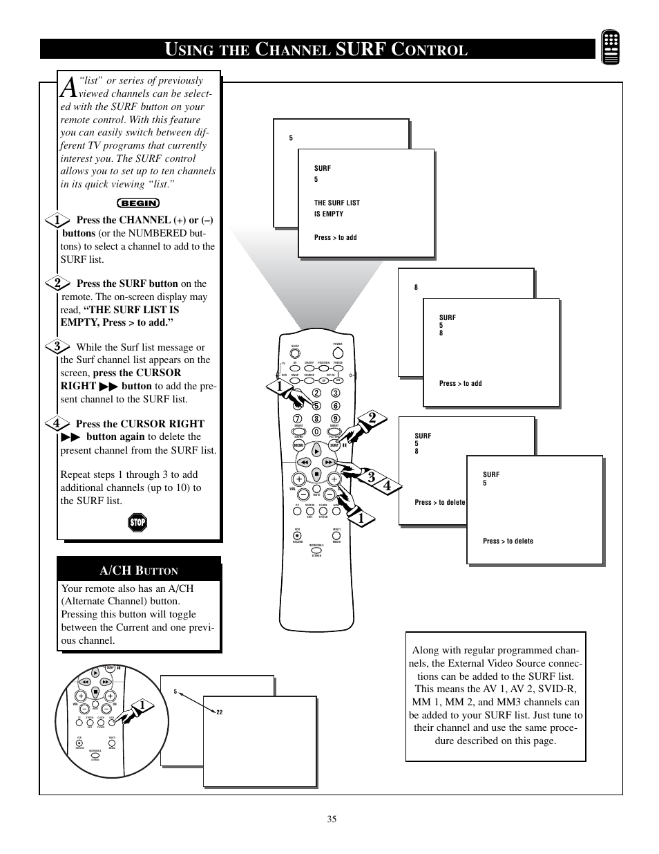 Surf c, Sing the, Hannel | Ontrol, A/ch b, Utton | Philips TP2784C1 User Manual | Page 35 / 52