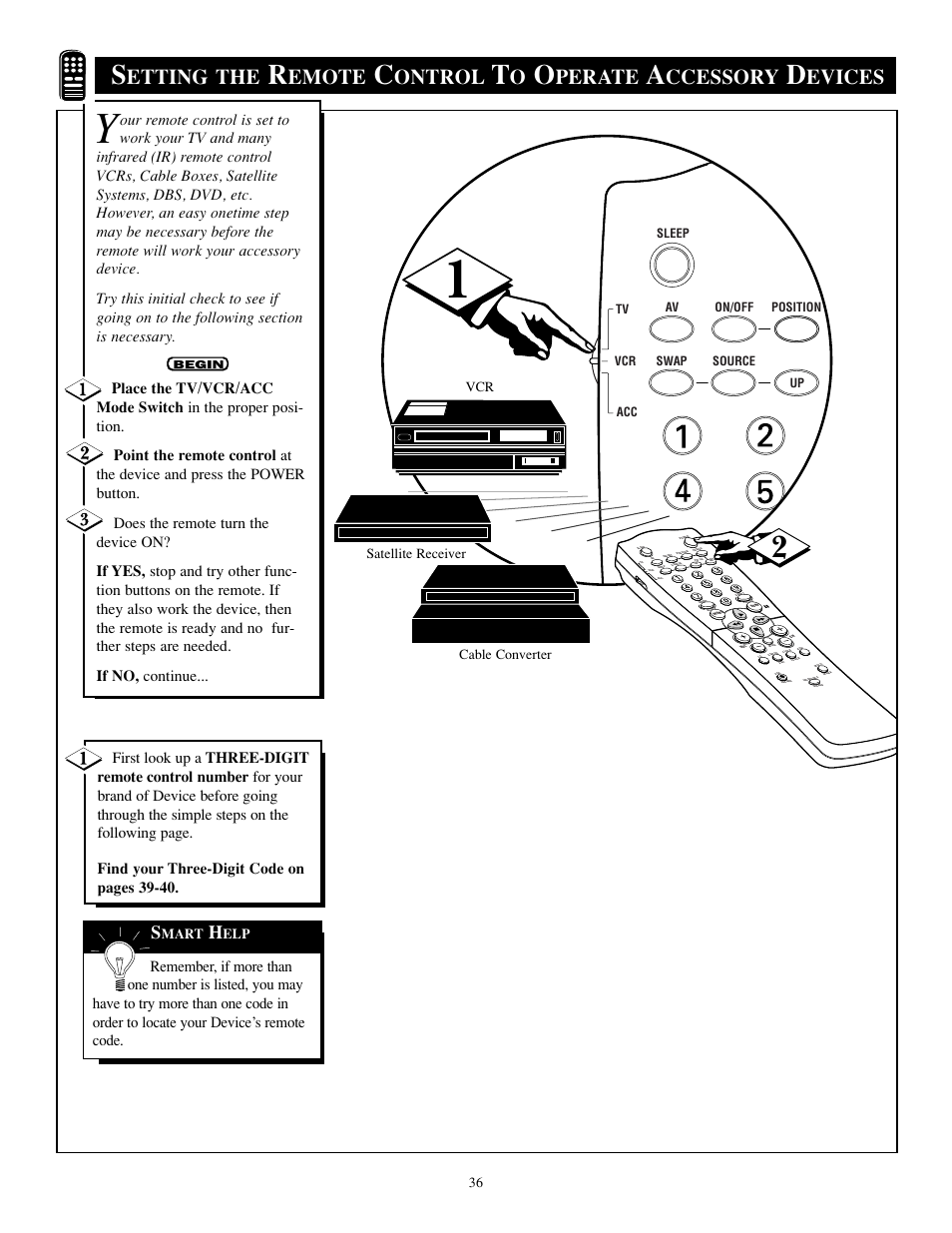 Etting the, Emote, Ontrol | Perate, Ccessory, Evices, Cable converter, Mart, Satellite receiver | Philips TP2784C1 User Manual | Page 36 / 52