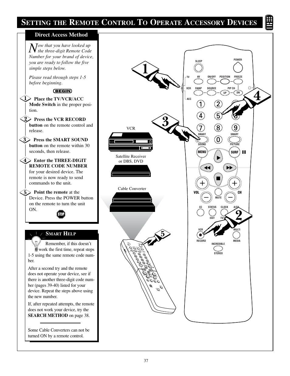 Etting the, Emote, Ontrol | Perate, Ccessory, Evices, Direct access method | Philips TP2784C1 User Manual | Page 37 / 52