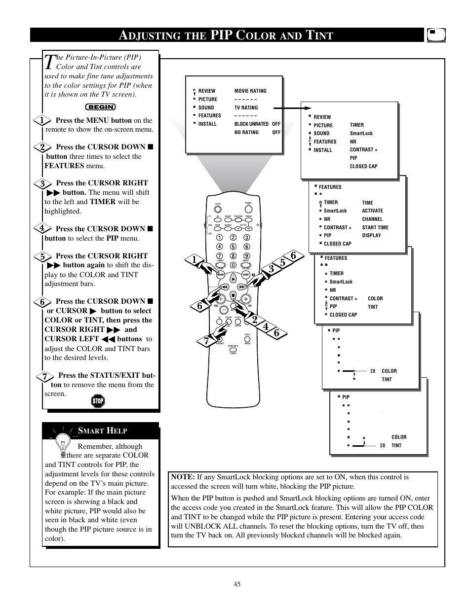 Pip c, Djusting the, Olor and | Philips TP2784C1 User Manual | Page 45 / 52