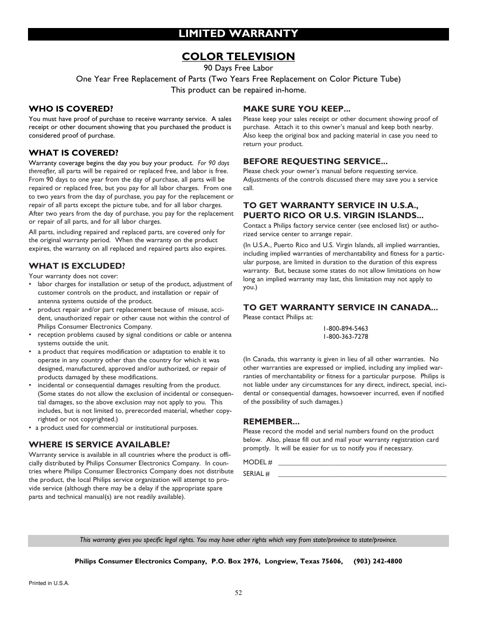 Color television, Limited warranty | Philips TP2784C1 User Manual | Page 52 / 52