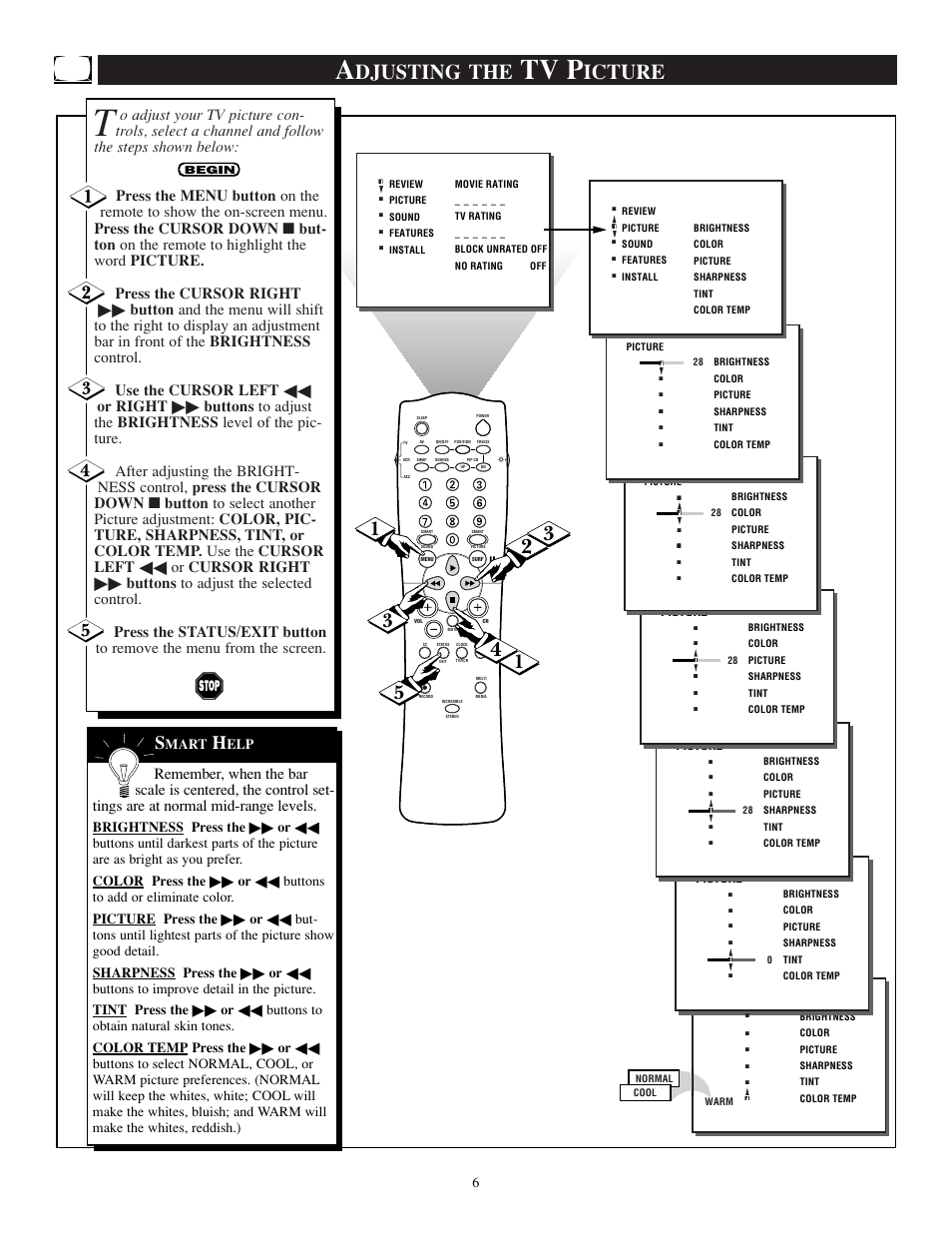 Tv p, Djusting the, Icture | Philips TP2784C1 User Manual | Page 6 / 52