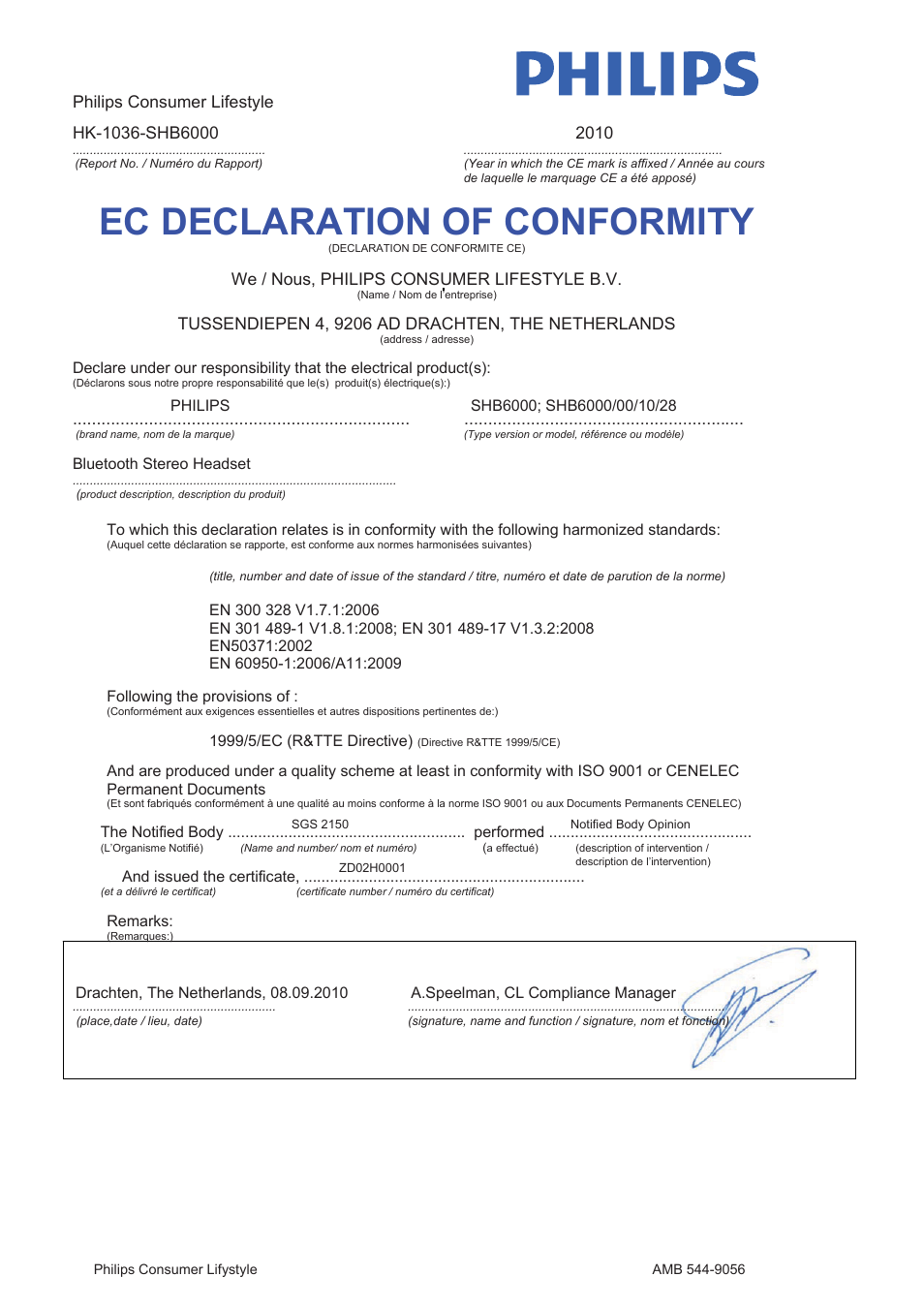 Ec declaration of conformity | Philips SHB6000/28 User Manual | Page 11 / 12