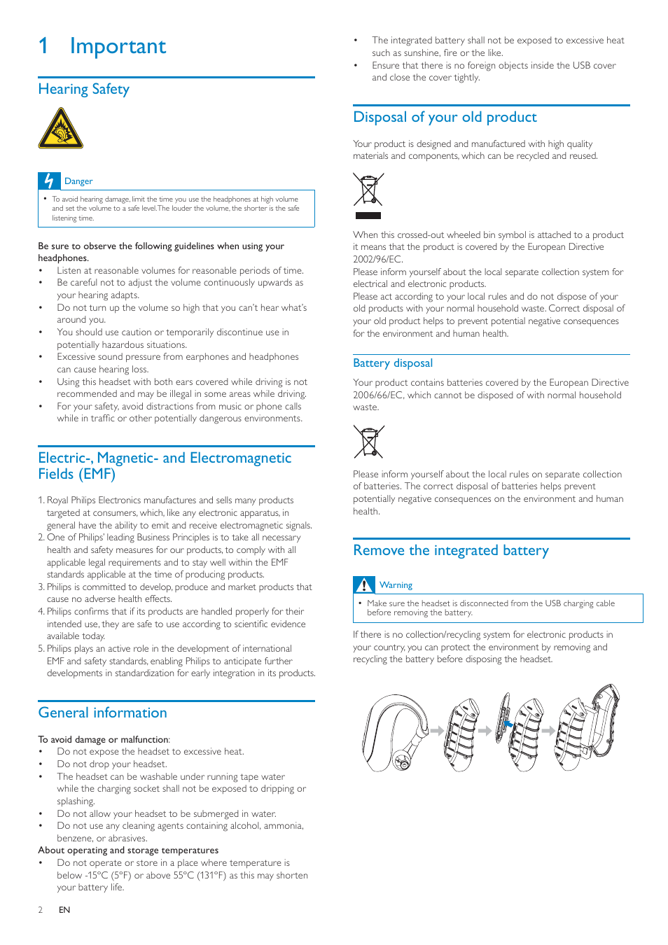 1 important, Hearing safety, General information | Disposal of your old product, Battery disposal, Remove the integrated battery | Philips SHB6000/28 User Manual | Page 3 / 12