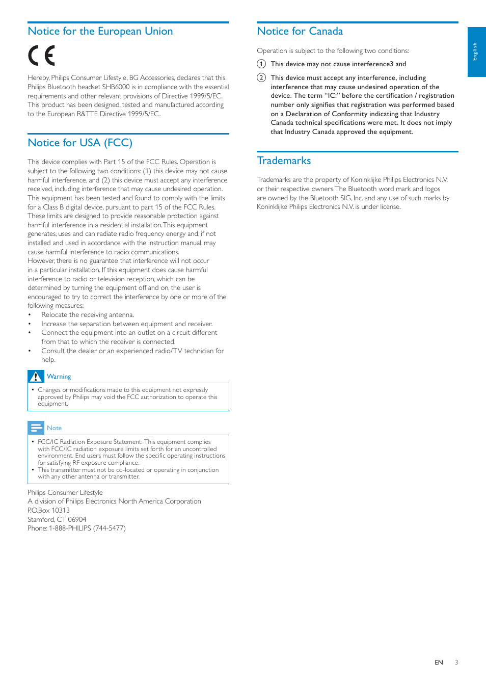 Notice for the european union, Notice for usa (fcc), Notice for canada | Trademarks | Philips SHB6000/28 User Manual | Page 4 / 12