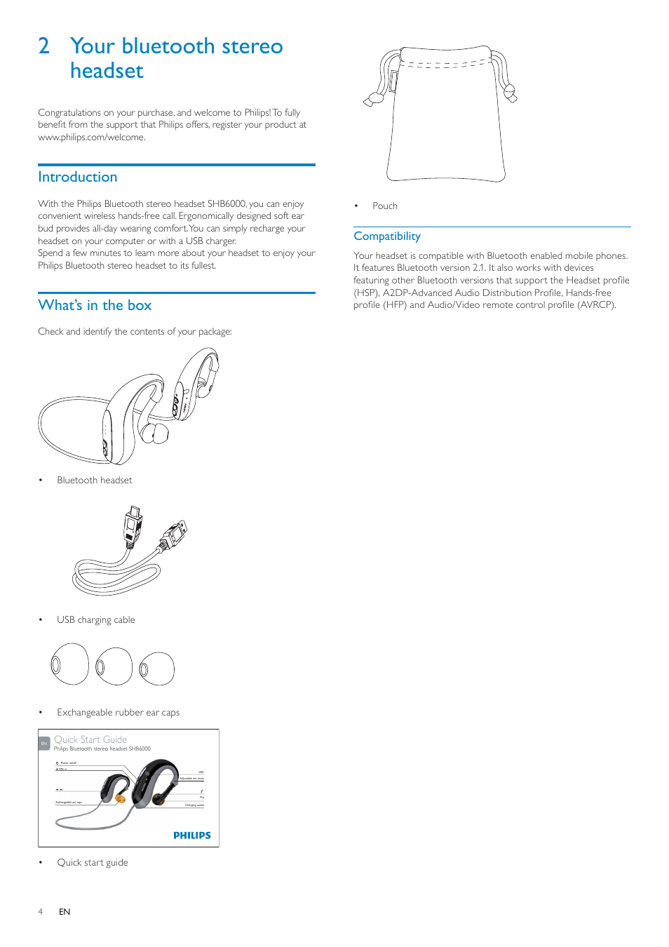 2 your bluetooth stereo headset, Introduction, What’s in the box | Compatibility | Philips SHB6000/28 User Manual | Page 5 / 12